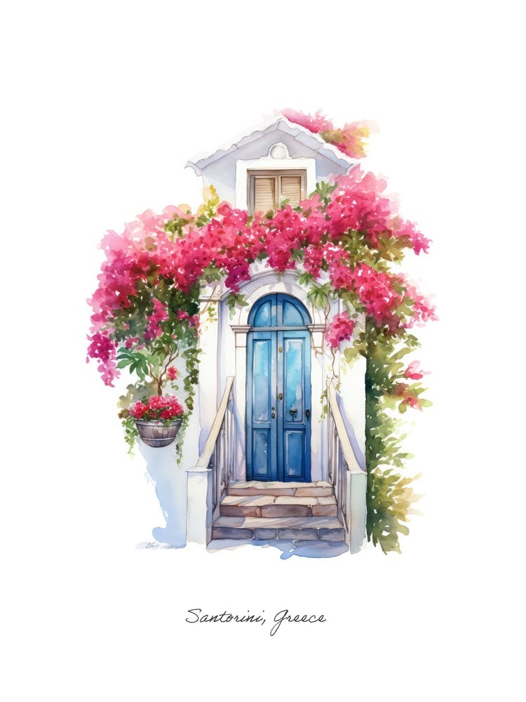 Santorini, Greece   Mediterranean Doors Watercolour Painting 6 Poster