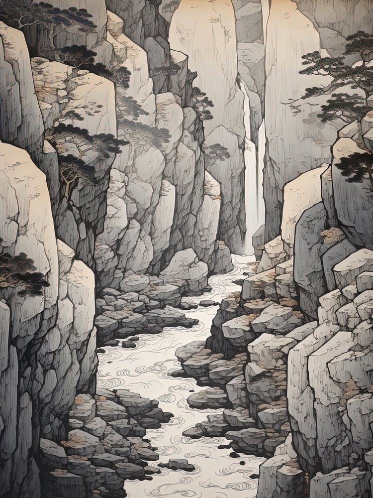 Shosenkyo Gorge In Yamanashi, Ukiyo E Black And White Line Art Drawing 4