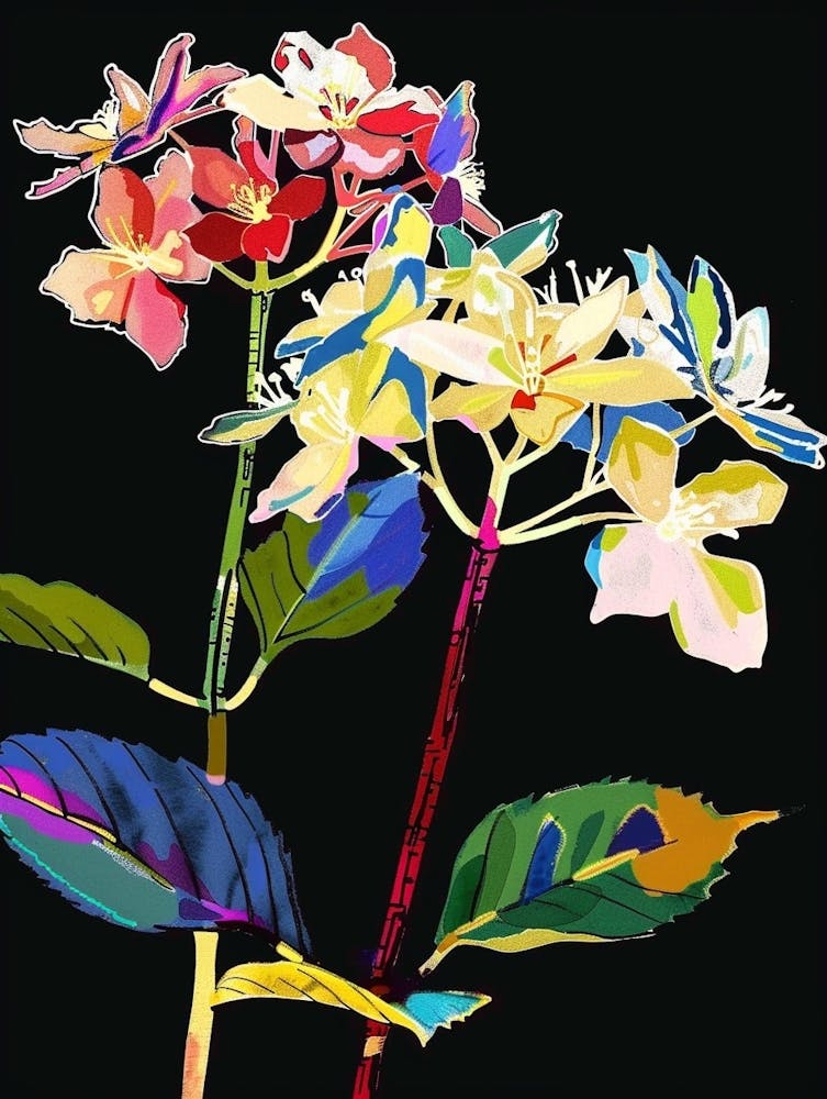Neon Flowers On Black Hydrangea 1