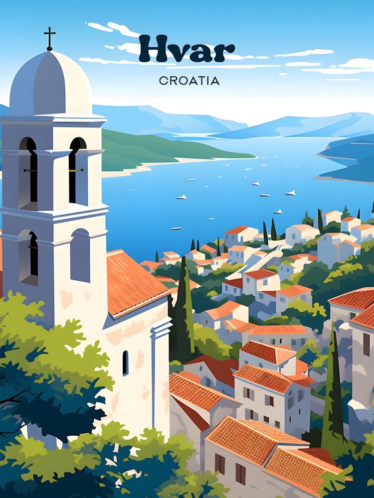 Hvar Croatia Coast Travel Art Illustration