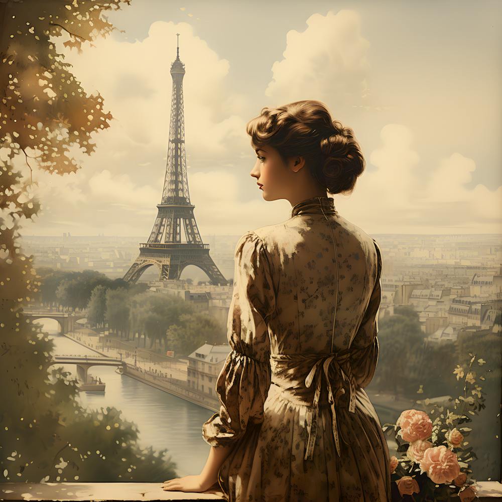 Vintage Parisian Elegance: Woman Gazing at the Eiffel Tower - Romantic Victorian-Inspired