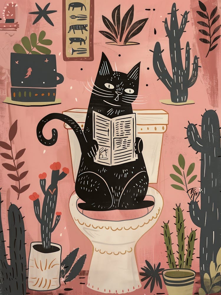 Cat On The Toilet Print Cactus Pink Bathroom Print Cat Lover Gift Funny Bathroom, Housewarming