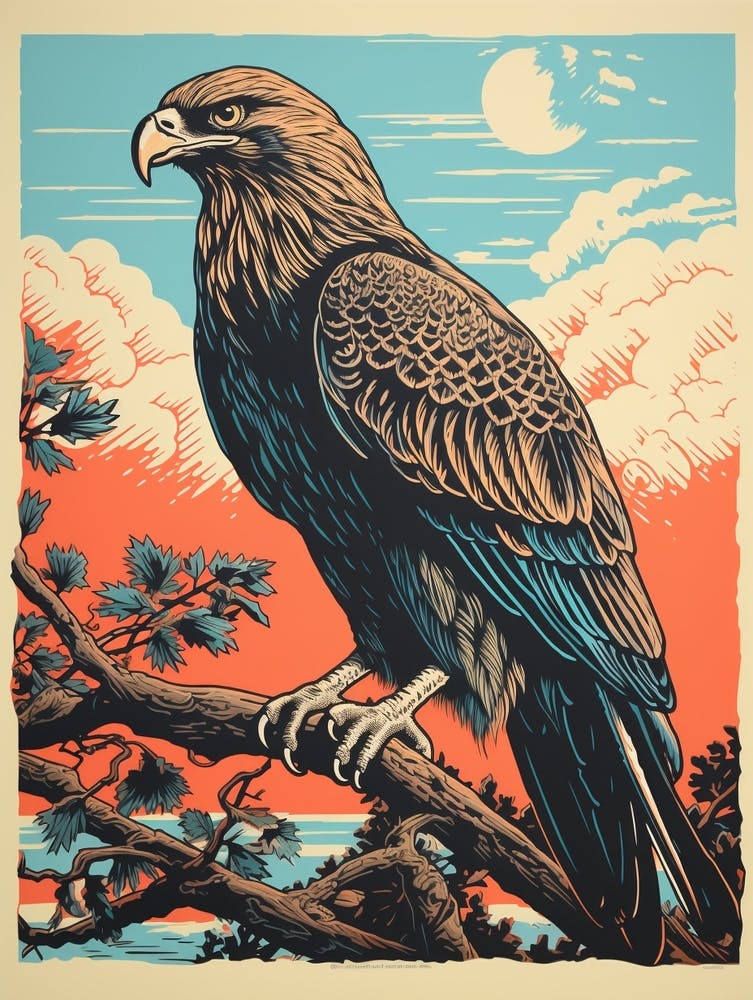 Vintage Bird Linocut Eagle 2