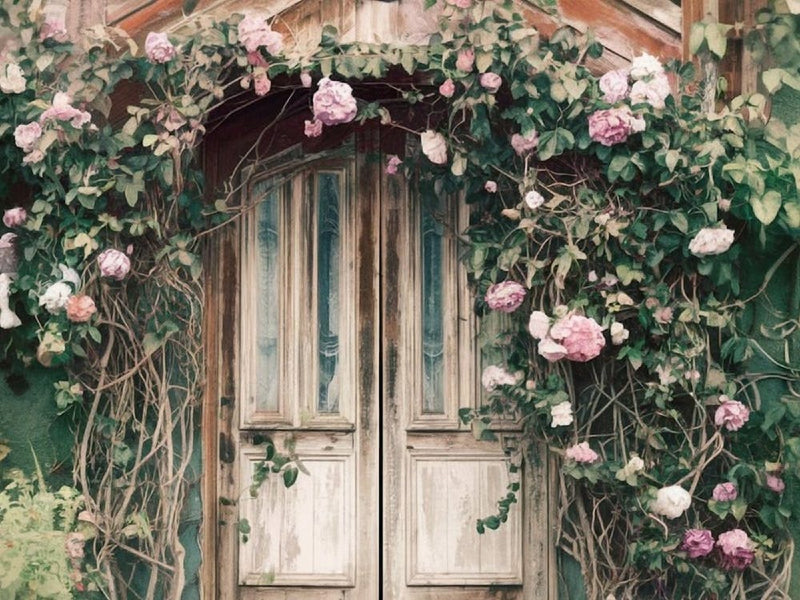 Enchanting Secret Garden Door with Overgrown Pink Roses