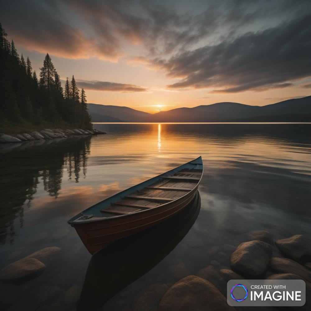 Sunset with a boat in the lake
