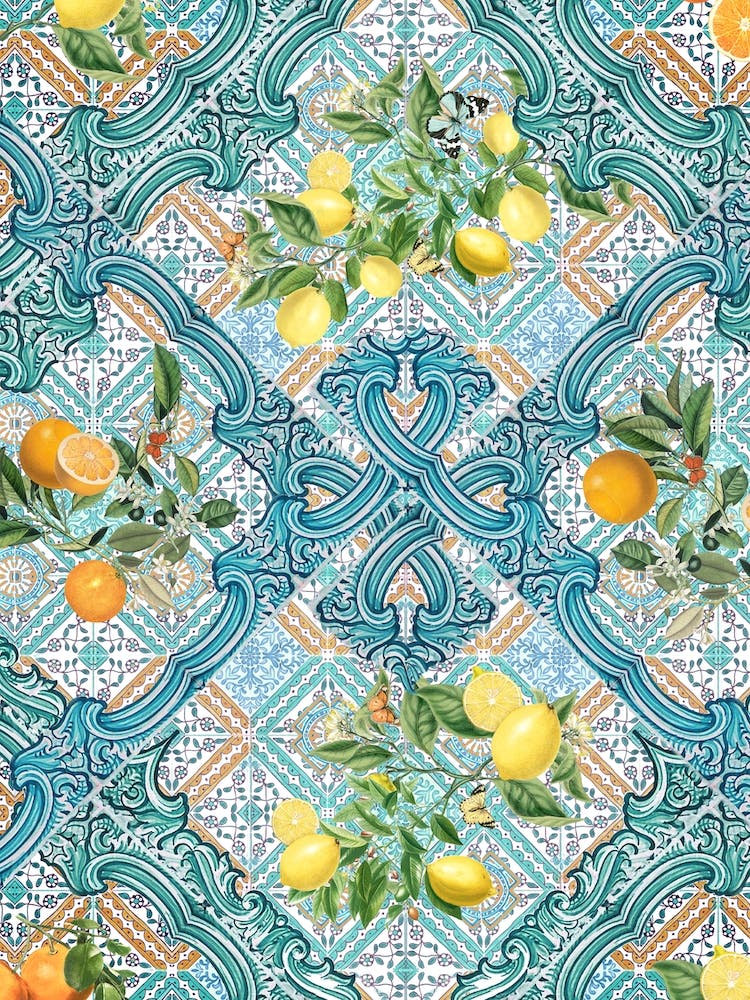 Sicilian azure tiles, lemons and citrus fruit