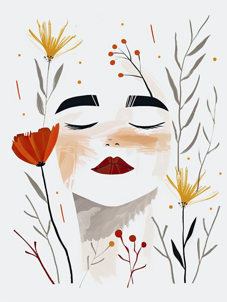 Woman's Face With Flowers, Boho, Minimalism