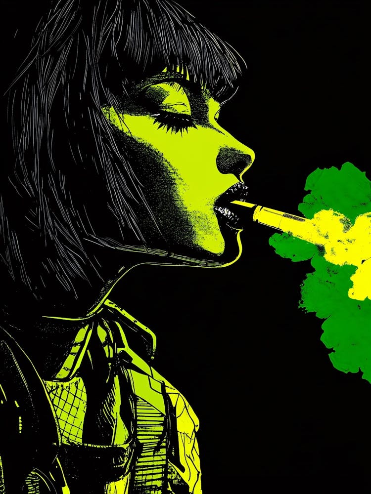 Girl Smokes A Cigarette Green Black