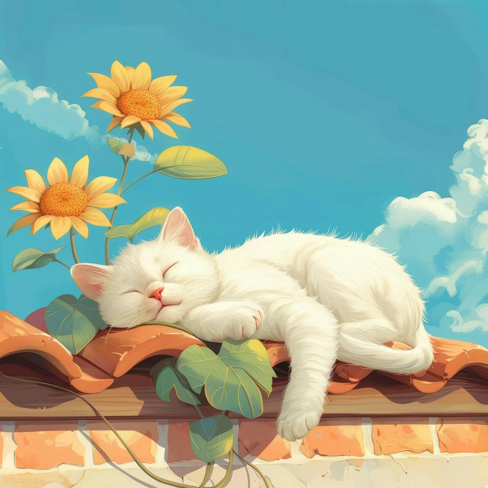 White Cat Sleeping On A Roof