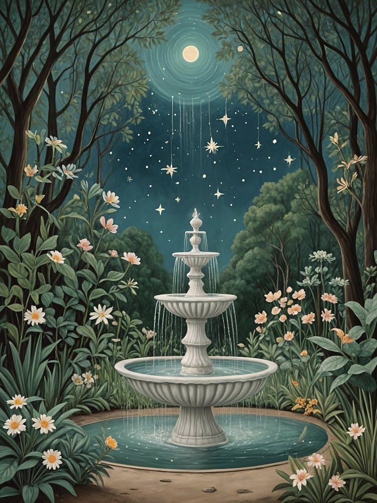 Midnight Fountain In The Garden