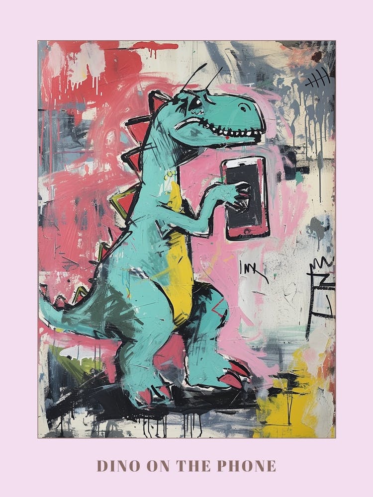 Dinosaur On The Phone Purple Graffiti Style 4 Poster