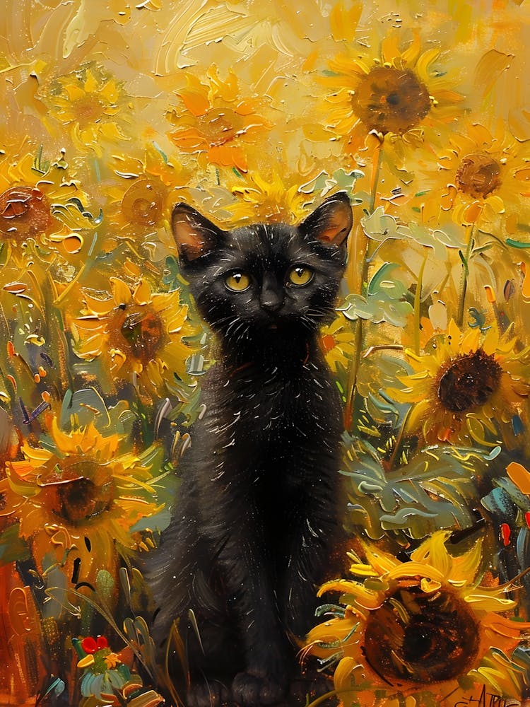 Black Cat In Sunflowers