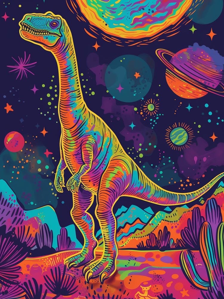 Neon Dinosaur Space Illustration 2