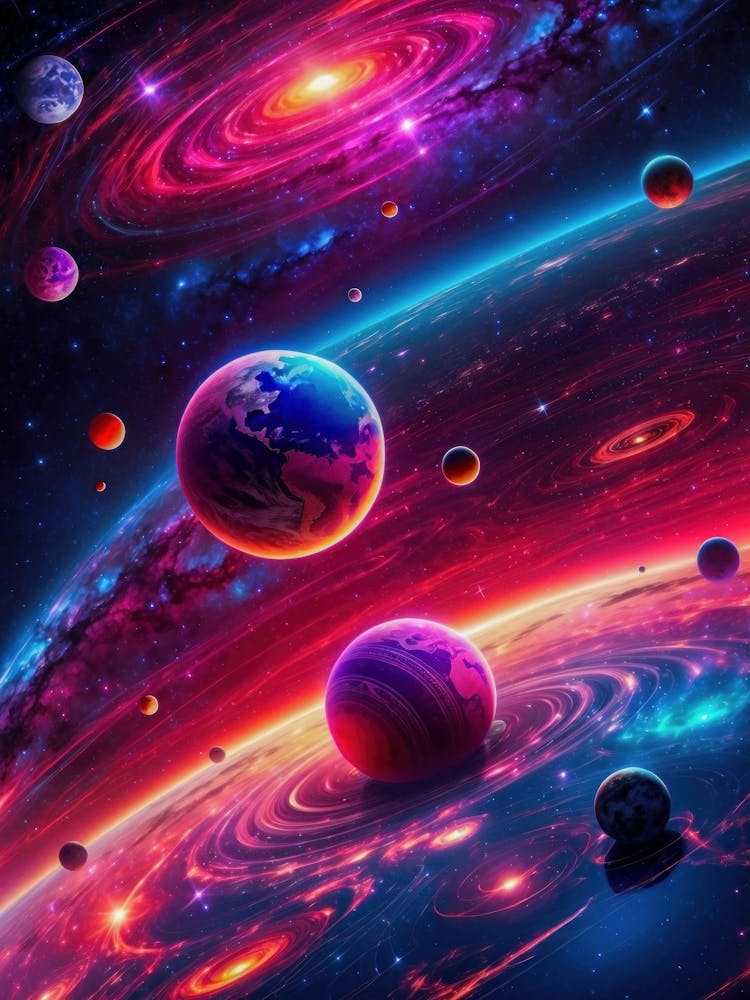 Farbenfrohe Odyssee durch einen Fantasiekosmos — Neonplaneten und kosmische Farbtöne verschmelzen in einer lebendigen Galaxie, einem atemberaubenden Neon-Universum jenseits der Erdgrenzen.