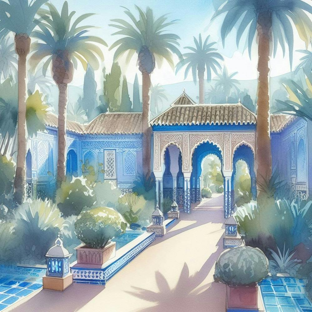 Watercolor Of A Moroccan Garden Jardin Majorelle Morocco Modern Blue Illustration 5