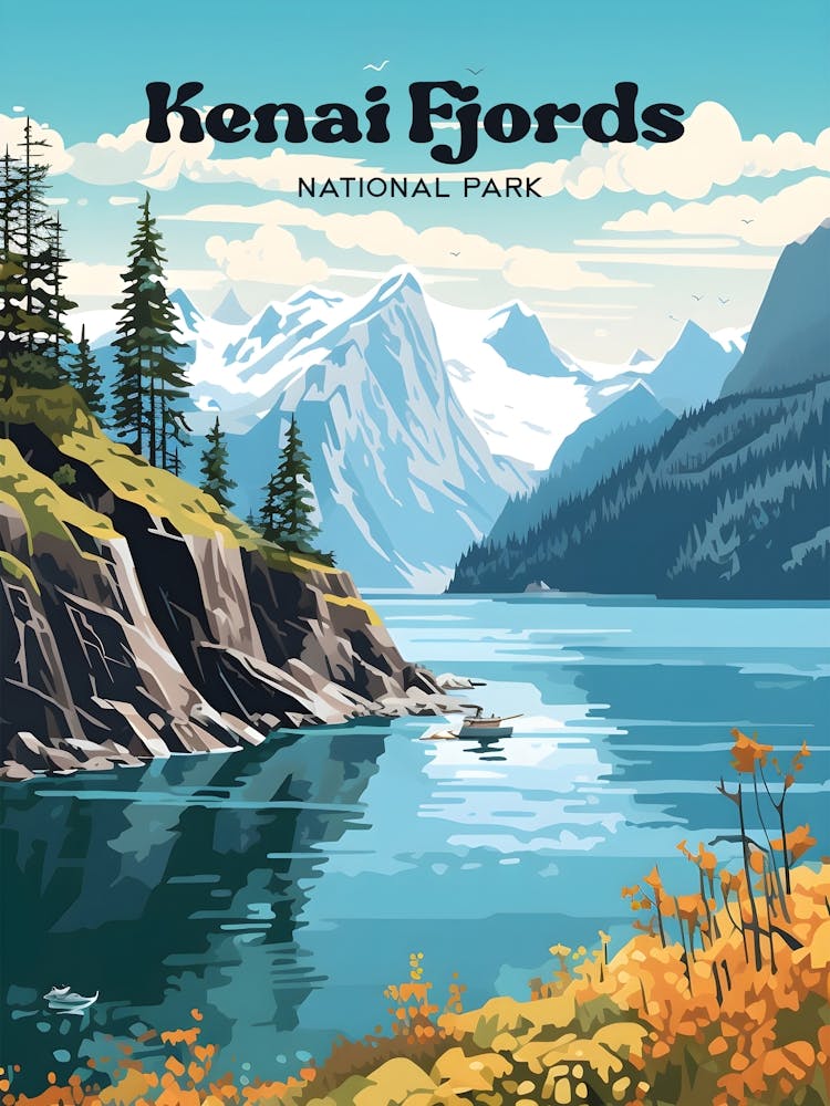 Kenai Fjords National Park Alaska Lakeview Travel Illustration