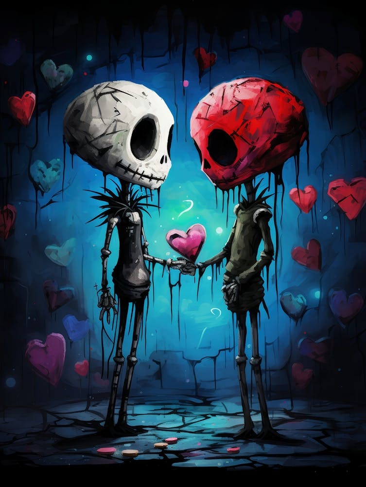 Skeletons Couple Holding Hearts