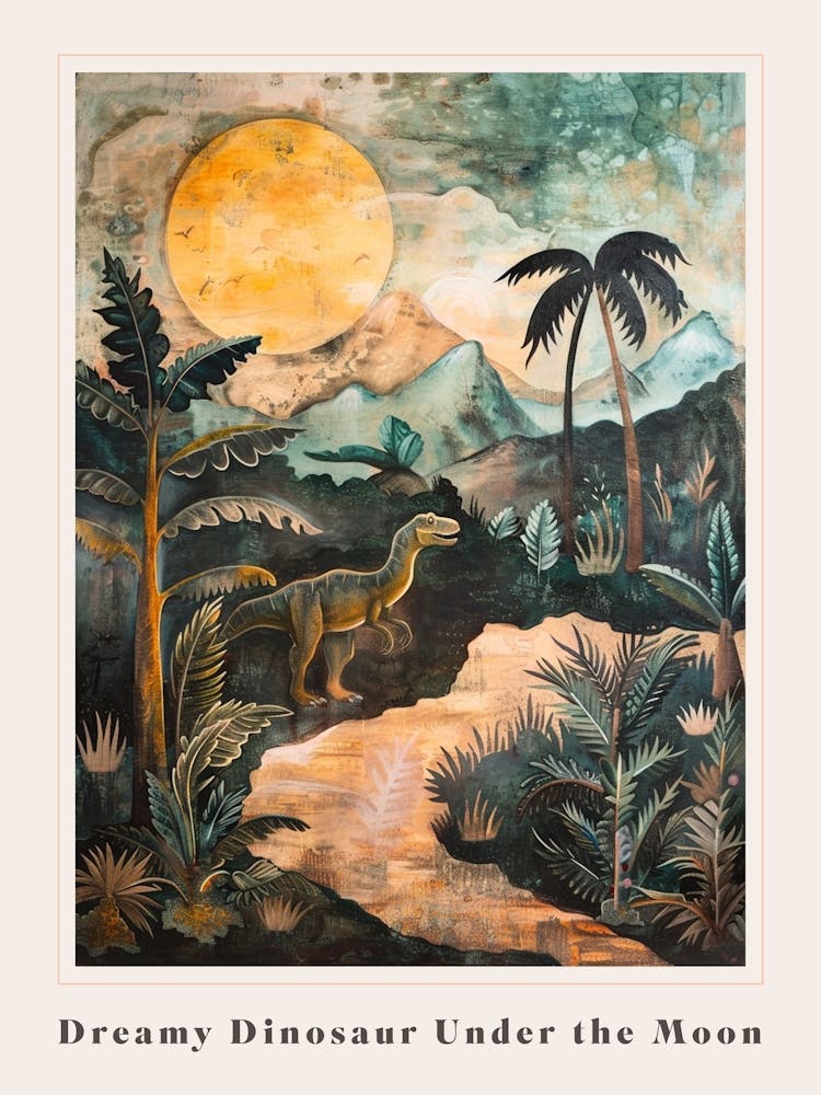 Dinosaur Under The Moon Painting Poster