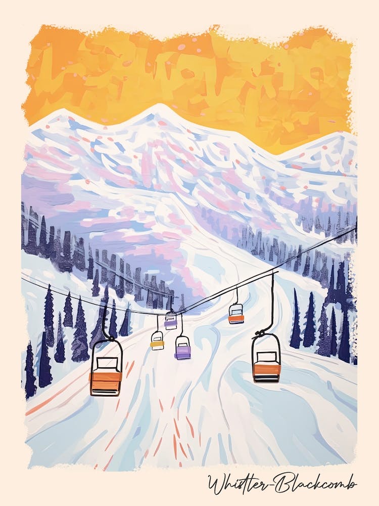 Poster Of Whistler Blackcomb   British Columbia, Canada, Ski Resort Pastel Colours Illustration 3