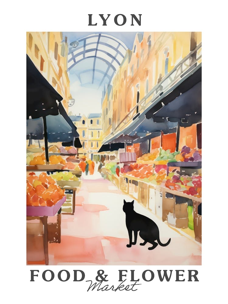 Lebensmittelmarkt mit Katzen in Lyon 2 Plakat