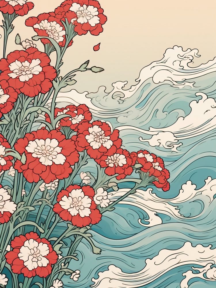 Great Wave With Sweet William Flower Drawing In The Style Of Ukiyo E 1