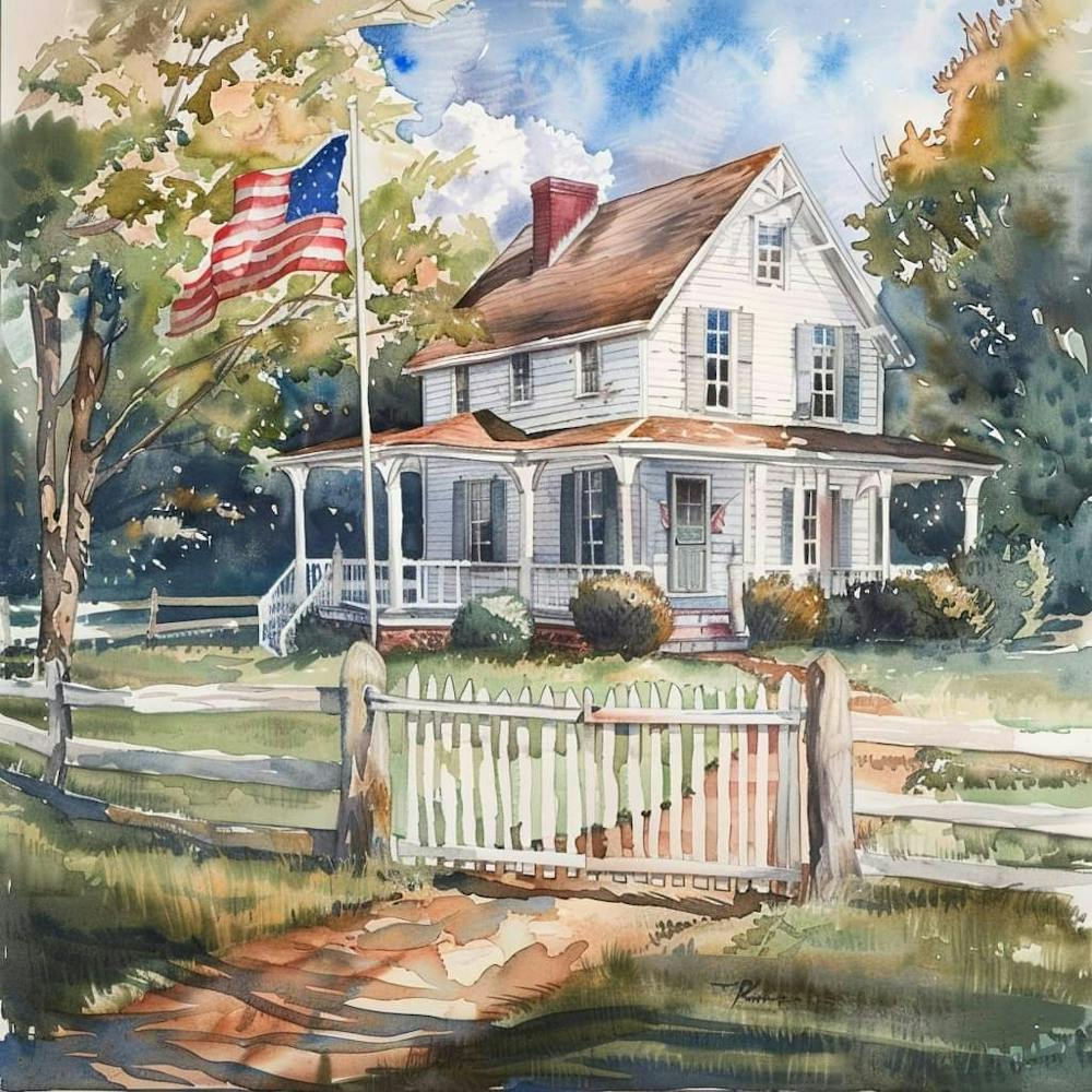 White Farmhouse Watercolor With American Flag ~ Americana Vintage Wholesome Art Decor | Dreamy Idyllic