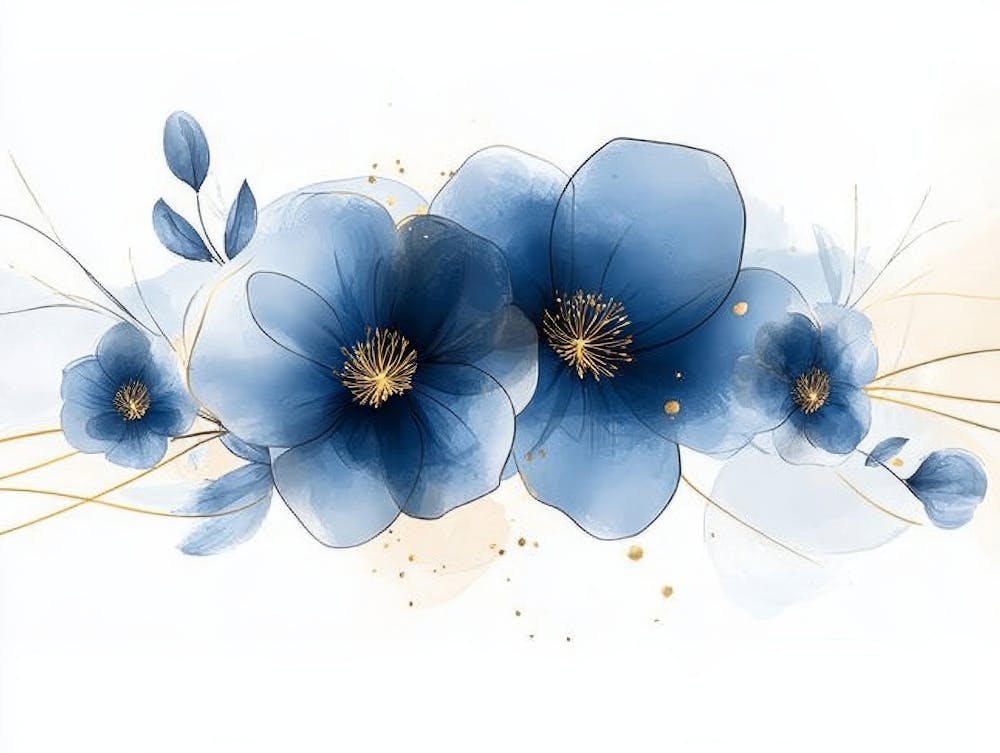 Elegante abstrakte blaue Blumen mit goldener Linie 2