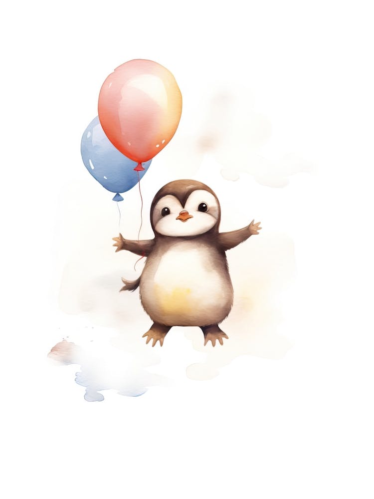 Baby Penguin Flying With Ballons, Watercolour Nursery Art 1