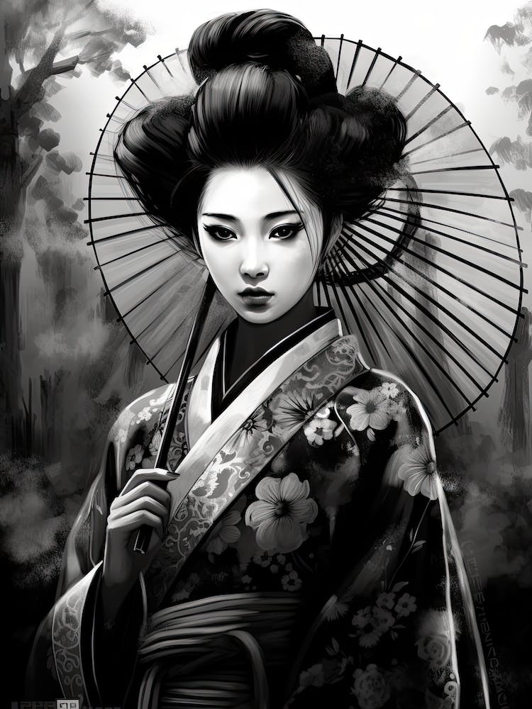 Geisha Black And White Anime Style  8
