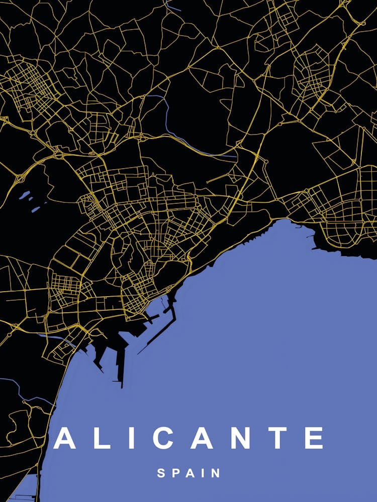 Alicante Spain City Map Black and Gold