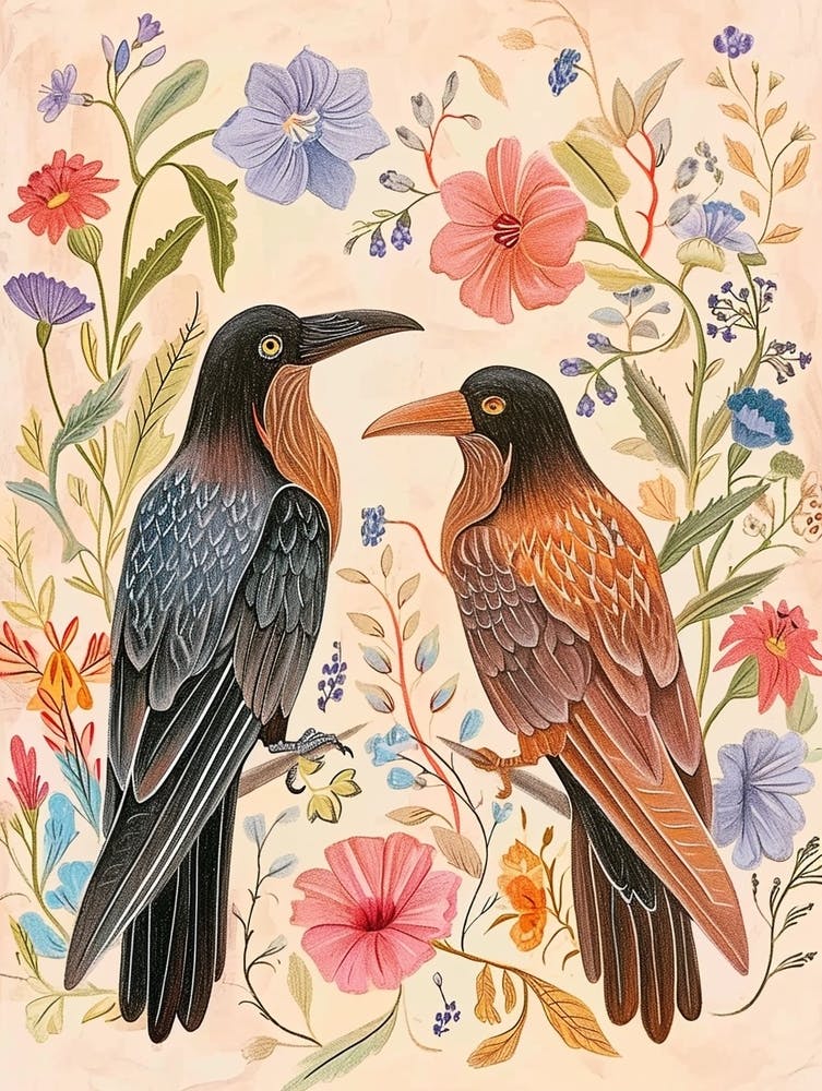 Folksy Floral Animal Drawing Raven 2