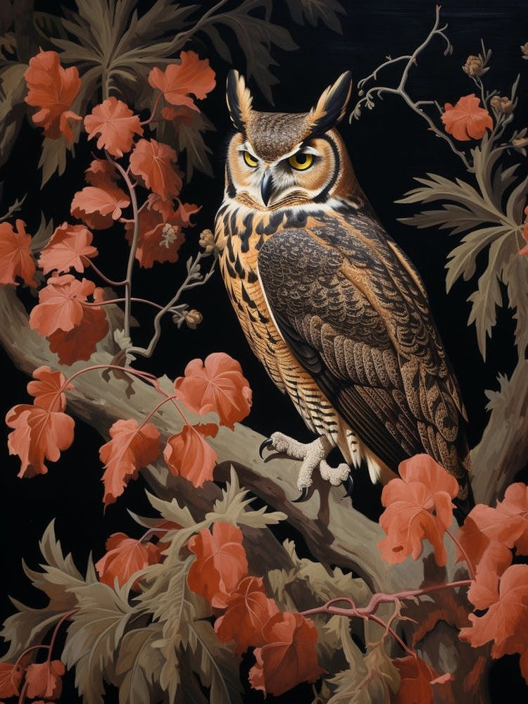 Dark And Moody Botanical Great Horned Owl 4