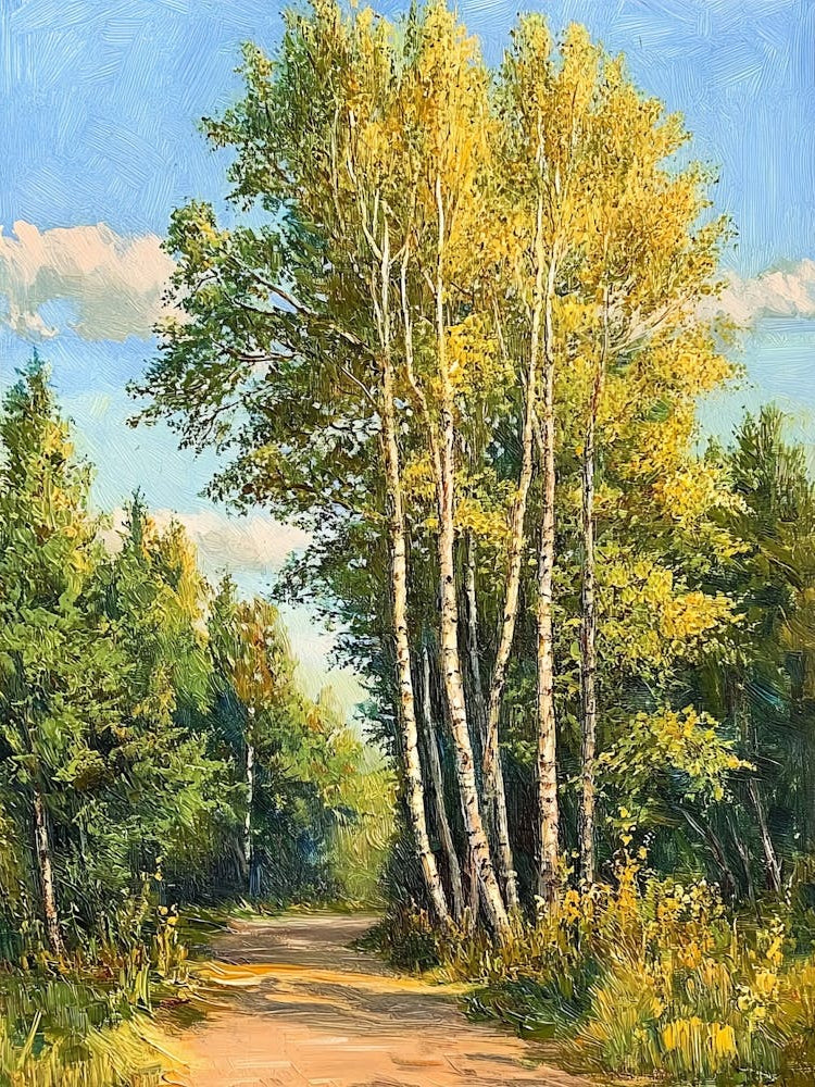 Oil Painting Poplar Landscape, Beautiful Solar Glare On The Woods