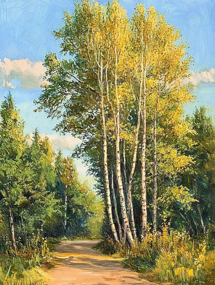 Oil Painting Poplar Landscape, Beautiful Solar Glare On The Woods