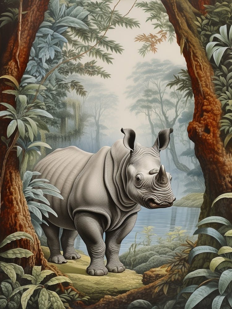 Rhino In The Jungle Realistic Illustration 5
