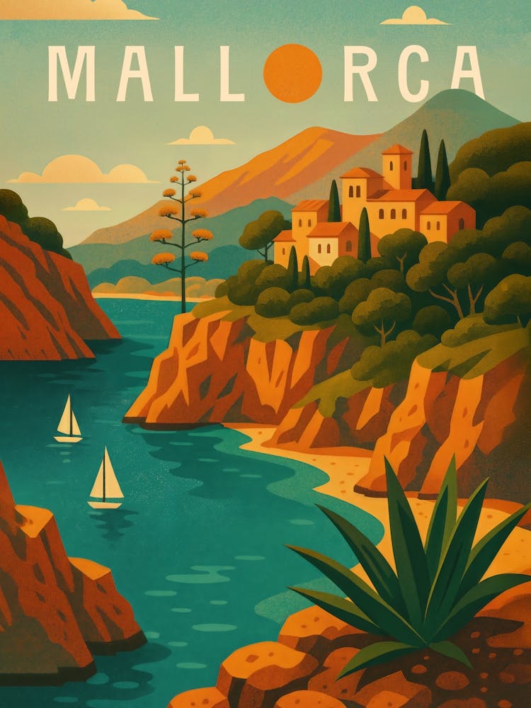 Mallorca Travel Poster Spain – Mediterranean Cliffs & Sea Breeze: From peaceful beaches to rugged cliffs, this Mallorca travel poster reflects the natural beauty of Spain’s Balearic Islands. With agave plants, sunny coastlines, and scenic mountains, it’s