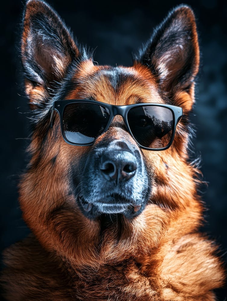 German Shepherd Dog In Sunglasses.Generated AI. 2