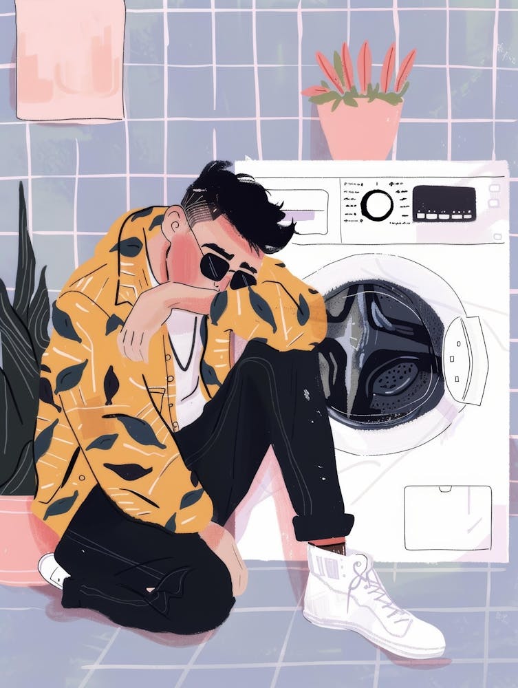 Man Sitting Next To A Washing Machine
