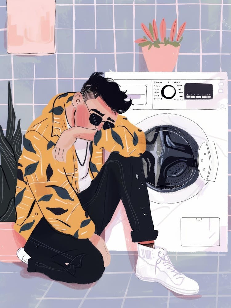 Man Sitting Next To A Washing Machine