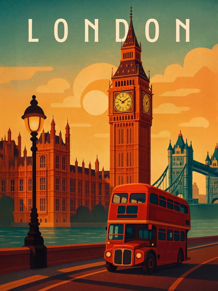 London Travel Poster – Big Ben and Sunset UK Cityscape: Capture the charm of London with this vintage travel poster featuring Big Ben, a red bus, and the city skyline at sunset. With classic British architecture, retro vibes, and iconic landmarks, it’s perfect for fans of the UK, tourism, and stylish city wall art.
