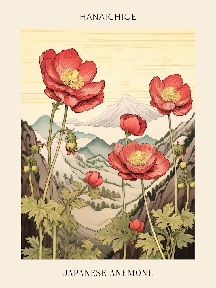 Hanaichige Japanese Anemone Japanese Botanical Illustration Poster