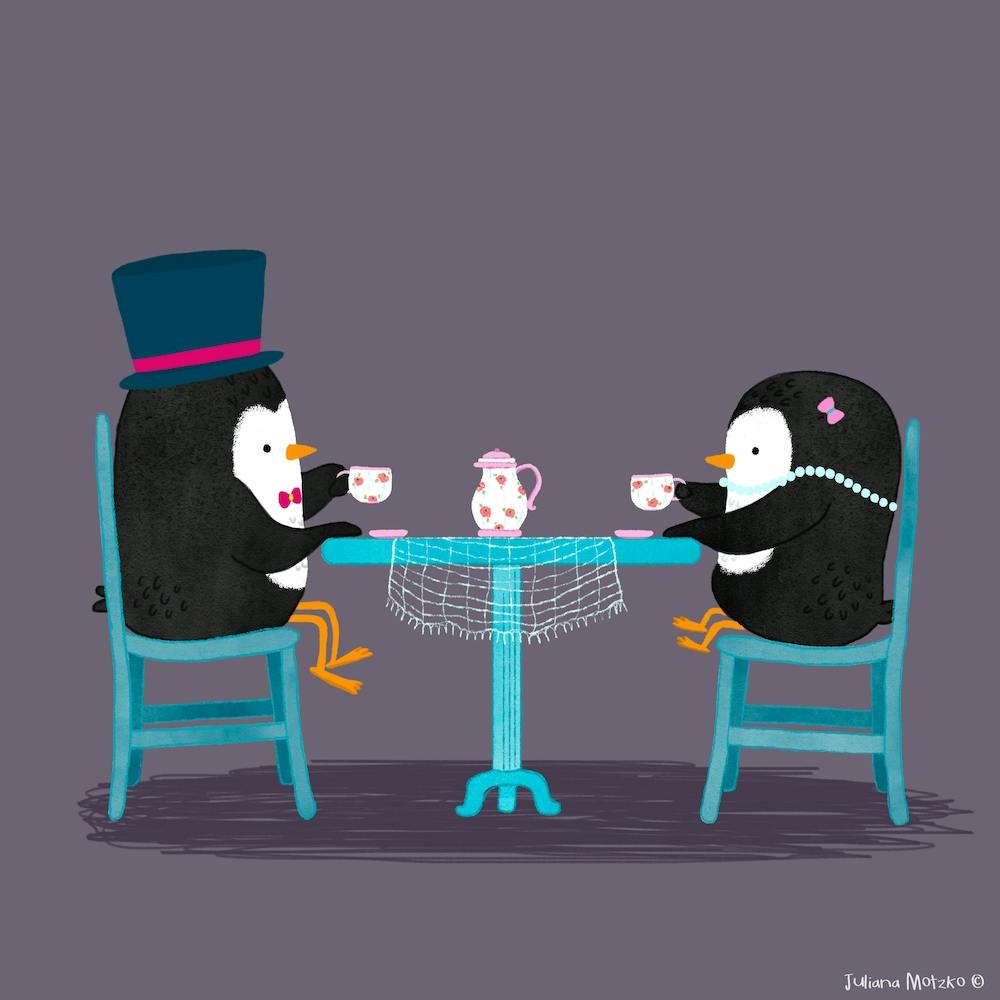 Couple Of Penguins Drinking Tea