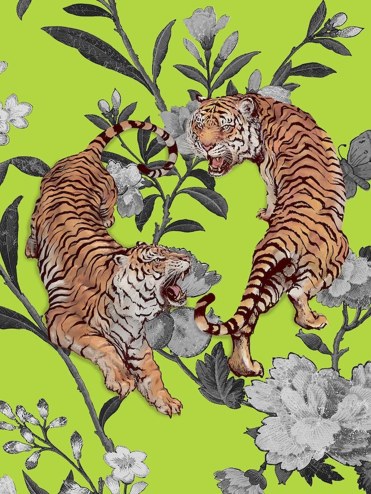 Tiger Floral Vintage Grüne Illustration