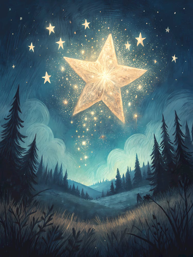Oil Painting Style Starry Night Enchantment Whimsical Forest Landscape with Glowing Stars
