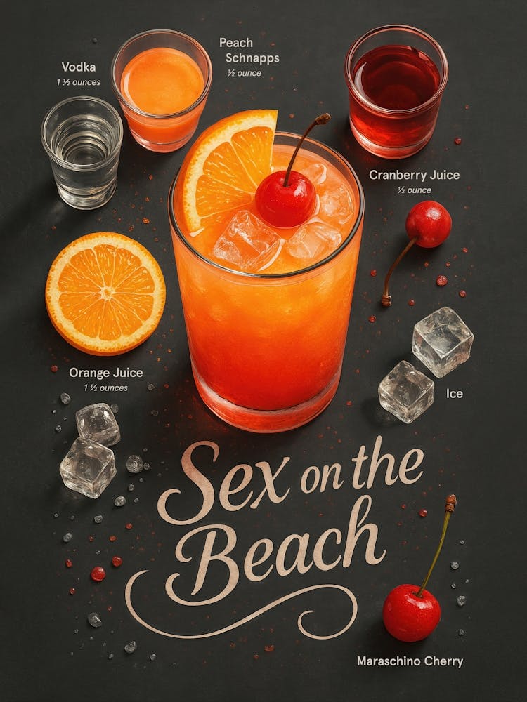 Sex on the Beach Poster – Fruity Summer Vodka Cocktail: Fruity, sweet, and vibrant – this cocktail blends vodka, orange, peach, and cranberry in a playful tropical mix. The perfect bar or pub poster for party vibes, recipe lovers, and anyone craving a bright, sexy splash of summer.