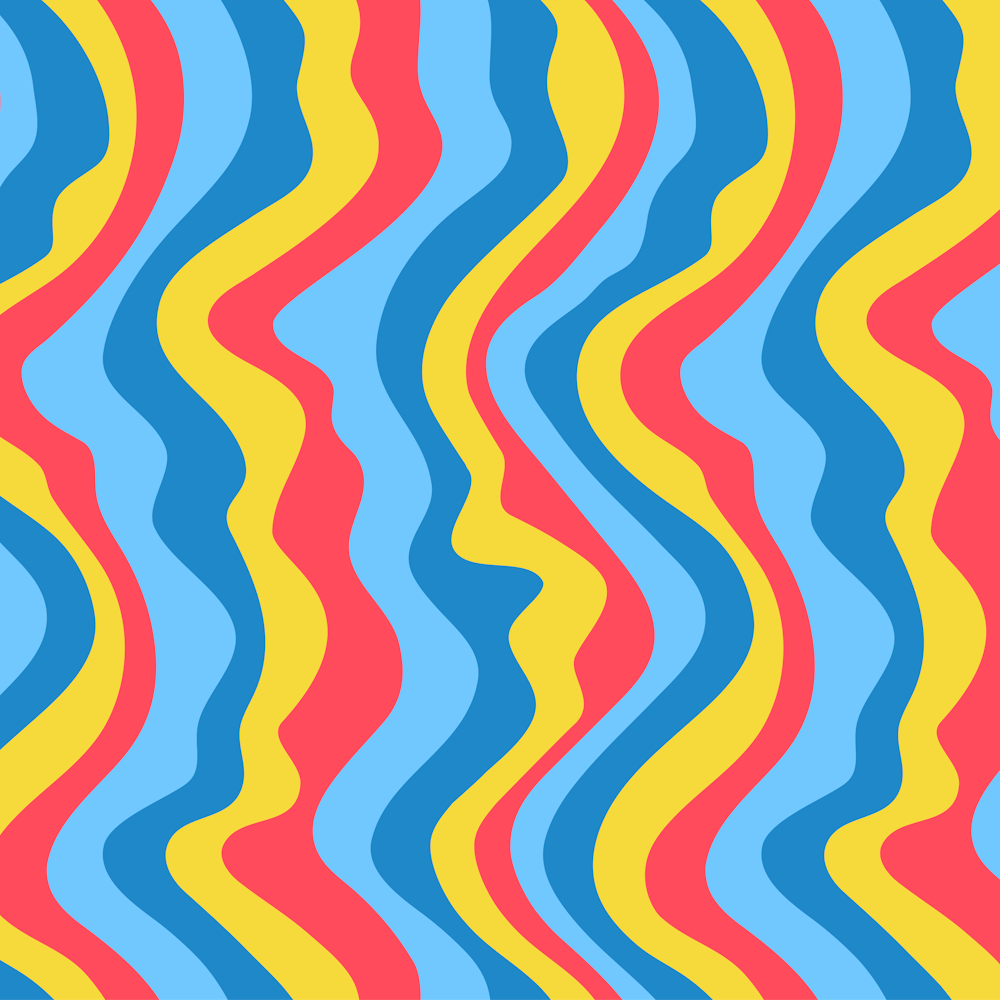 GOOD VIBRATIONS Groovy Mod Wavy Psychedelic Abstract Stripes in Bright Red Sunshine Yellow Icy Blues