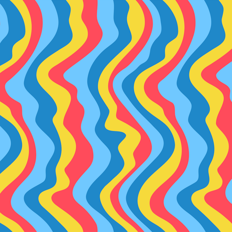 BONNES VIBRATIONS Rayures Abstraites Psychédéliques Ondulées Rétro Groovy en Rouge Vif Jaune Soleil et Bleus Glaciaux