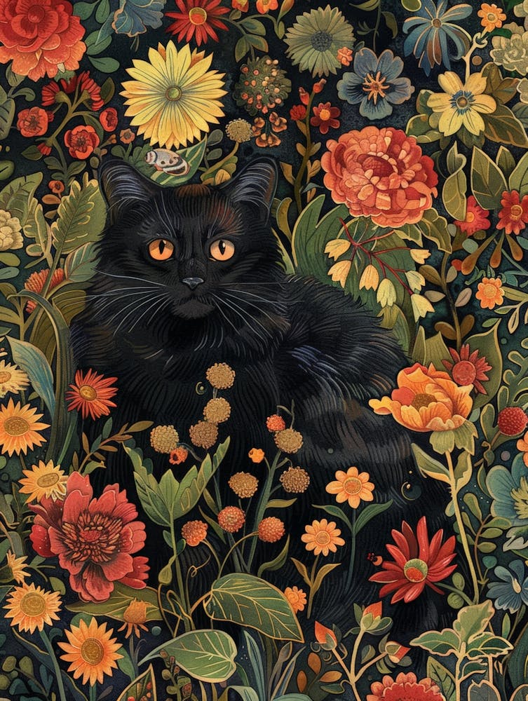 Black Cat In Flowers 1
