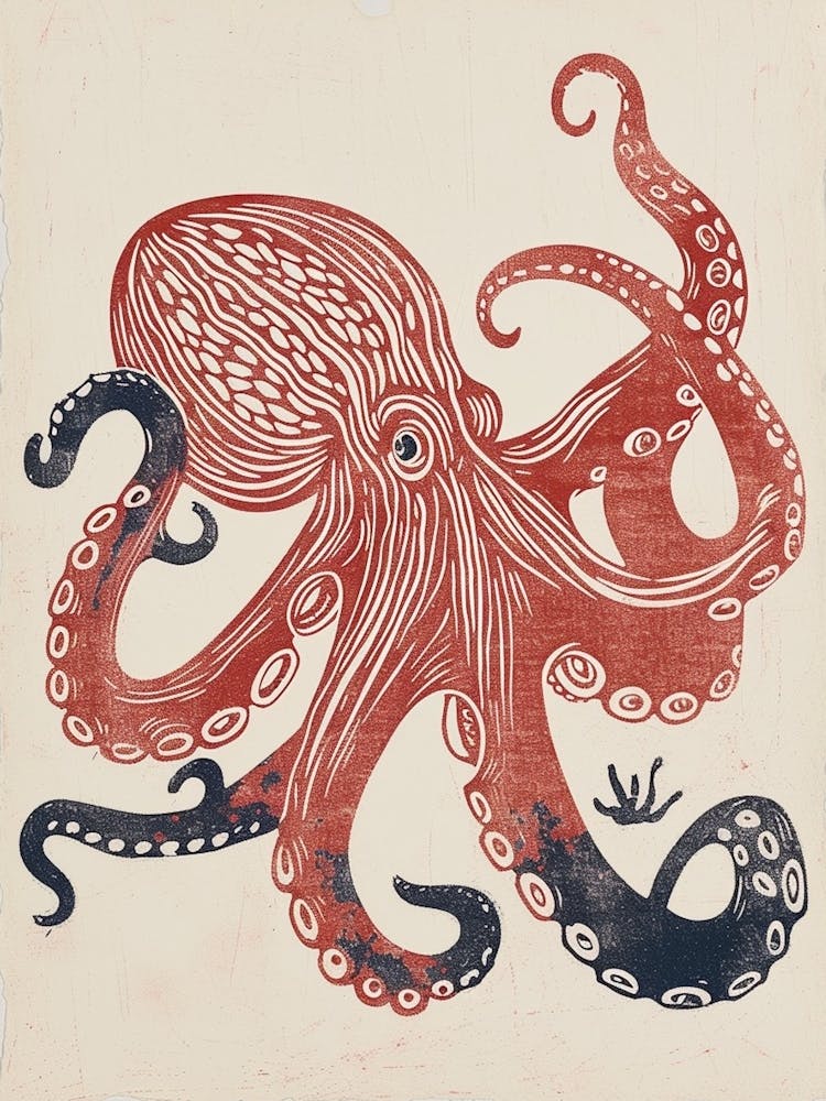 Red & Blue Octopus Retro Linocut Inspired 2