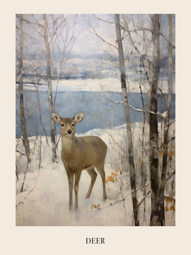 Vintage Winter Animal Painting Poster Deer 6